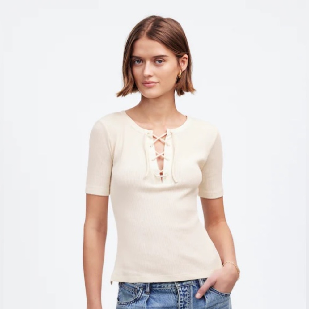 NWOT Madewell ribbed quarter sleeve ivory lace up size small